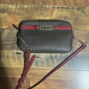 GUESS Brown Logo Crossbody Bag with Burgundy Strap